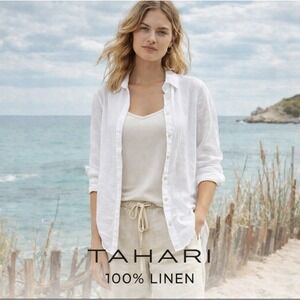 Tahari Shirt Women XL White All Linen Button Tunic Long Sleeve Coastal Cover Up